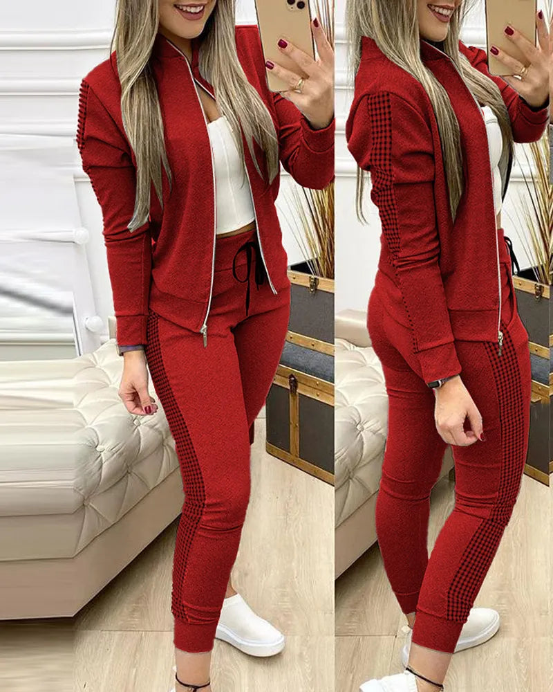 Leopard/Checkered Plaid Colorblock Puff Sleeve Zipper Jacket + Side Striped Leggings Women's Tracksuit