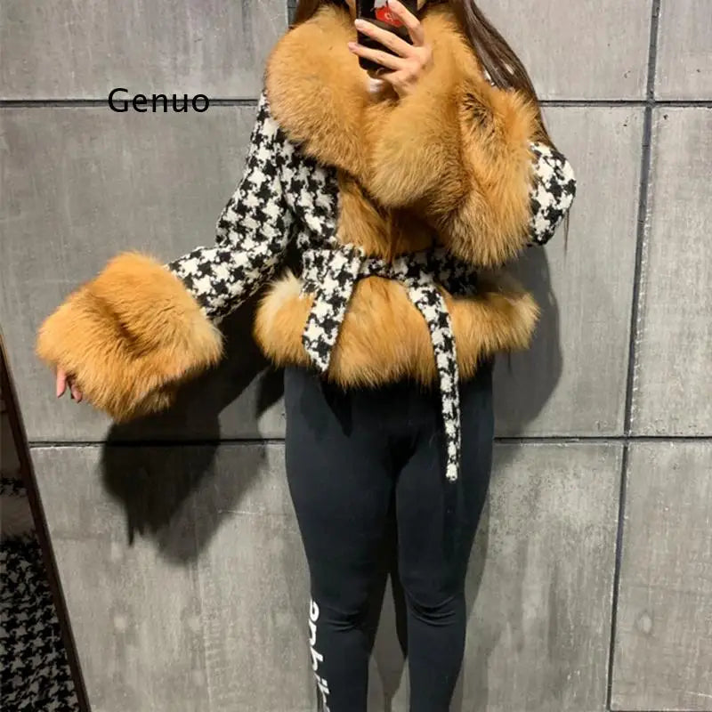 Faux Fur Collar Ladies Tie Sash Belt Houndstooth Jacket