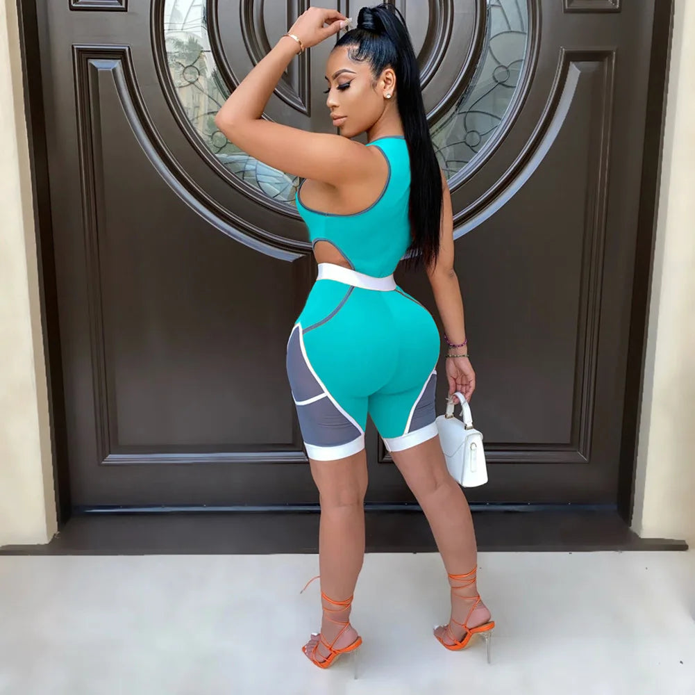 Colorblock Patchwork Sleeveless Bodycon Deep V-Neck Women's Fitness Workout Shorts Romper