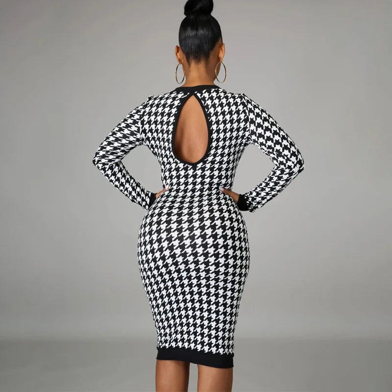 Black/White Houndstooth Print Long Sleeve Bodycon Streetwear Midi Dress