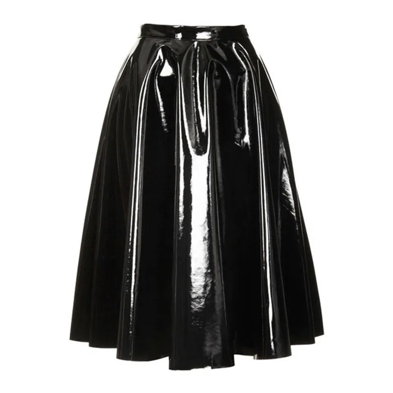 Latex Pleated Midi Gothic PU Leather PVC A-Line Skirt to 4X