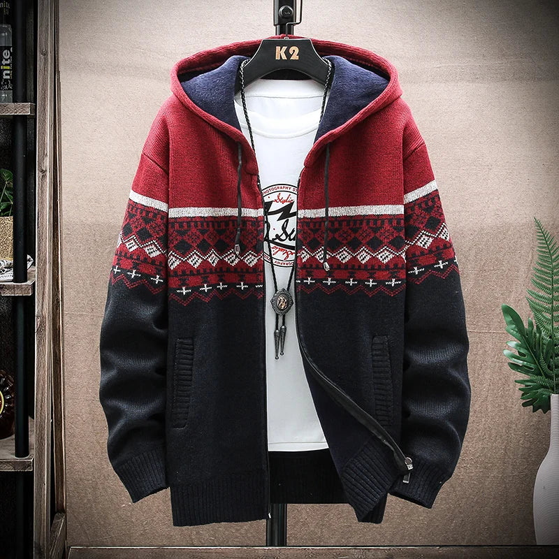 Men's Plaid Wool Zipper Cardigan Hoodie Sweater Jacket