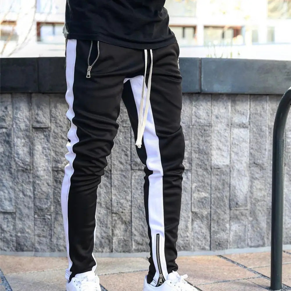 Zipper Ankle Solid Side Striped Men's Contrast Color Elastic Waist Drawstring Sweatpants