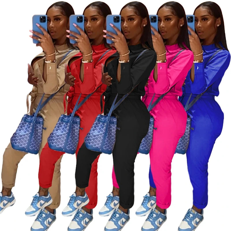 Solid Zipper Long Sleeve Cargo Pocket Bandage Jumpsuit w/ Belt