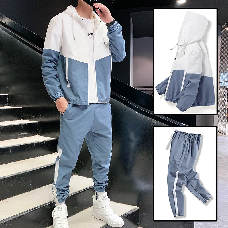 Men's Colorblock Zipper Hoodie Jacket + Side Striped Sweatpants Tracksuit