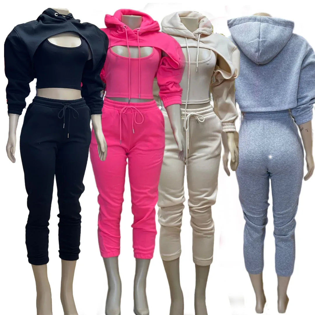 Puff Sleeve Solid Color Hollow-Out Long Sleeve Crop Hoodie w/ Vest + High Waist Jogger Sweatpants Women's Tracksuit