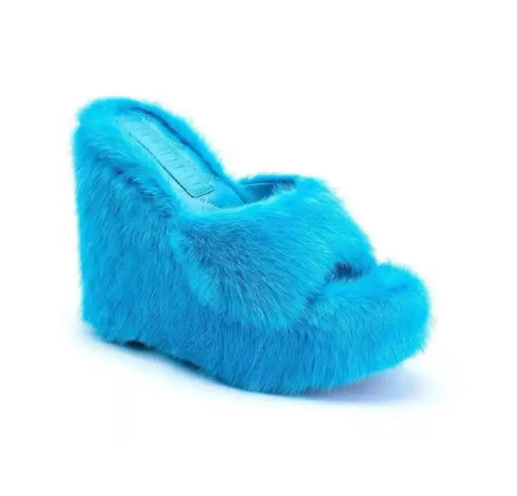 Plush Faux Fur Solid/Cowhide Round Open Toe Wedge Platform Women's Slip-On Sandals