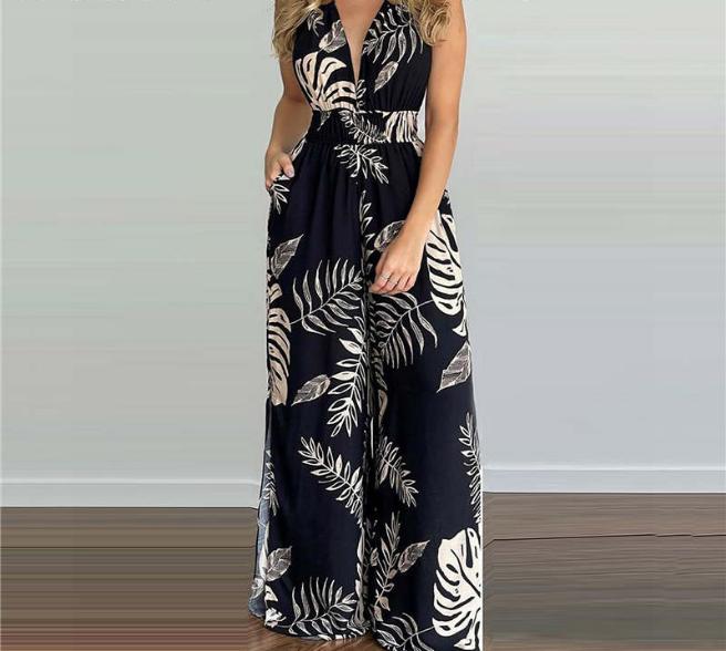 V-Neck Spaghetti Strap Open Back Sleeveless Floor-Length Jumpsuit