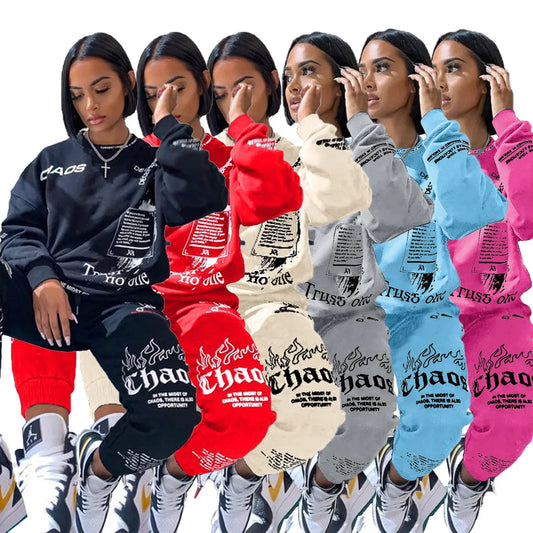Flame Graffiti Letter Print O-Neck Long Sleeve Sweatshirt + Sweatpants Women's Tracksuit