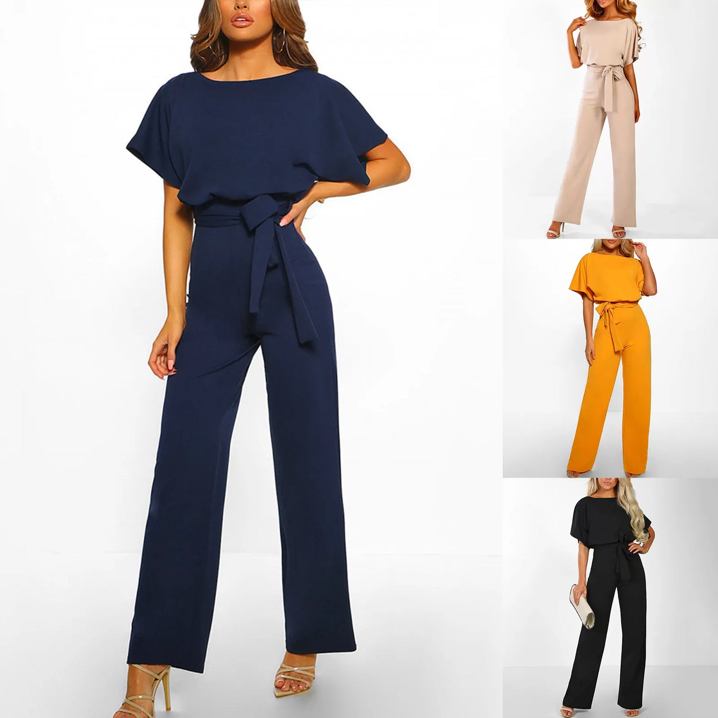 Belted Solid Straight Leg Short Sleeve Round Neck Jumpsuit to 3X