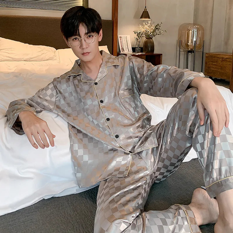 Men's Trousers Plaid High Quality Silky Pajamas Set