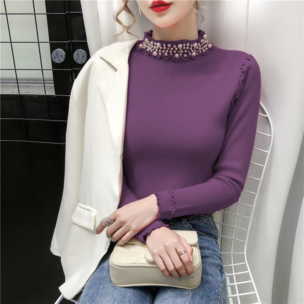 Women's Pearl Embellished Ruffle Neckline Long Sleeve Top