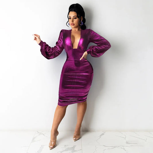 Sequined Satin Long Sleeve Midi V-Neck Bodycon Zipper Back Dress