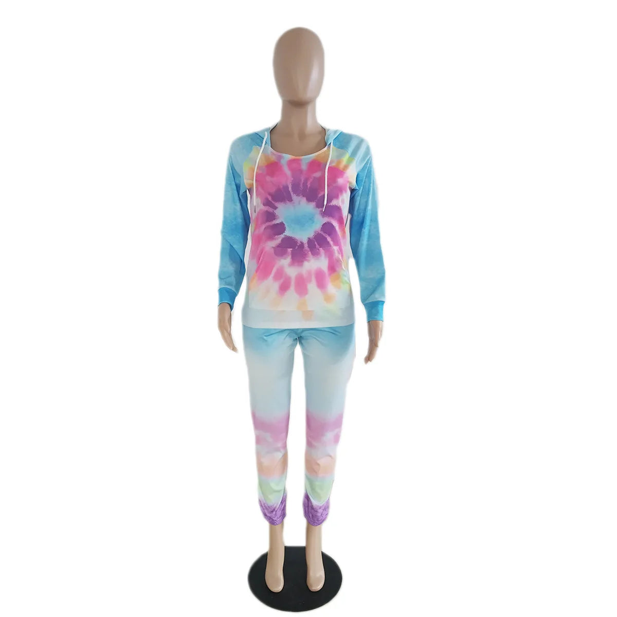 Pastel Tie-Dye Print O-Neck Long Sleeve Hoodie Sweatshirt + Sweatpants Ladies Tracksuit