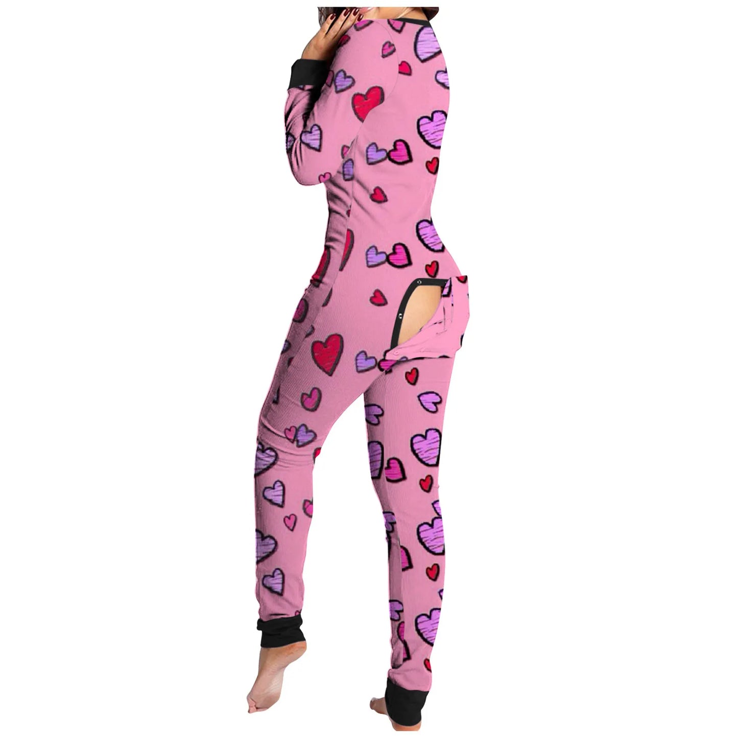 Women's Heart/Lip Print Long Sleeve One-Piece Button-Up Open Flap Back Onesie