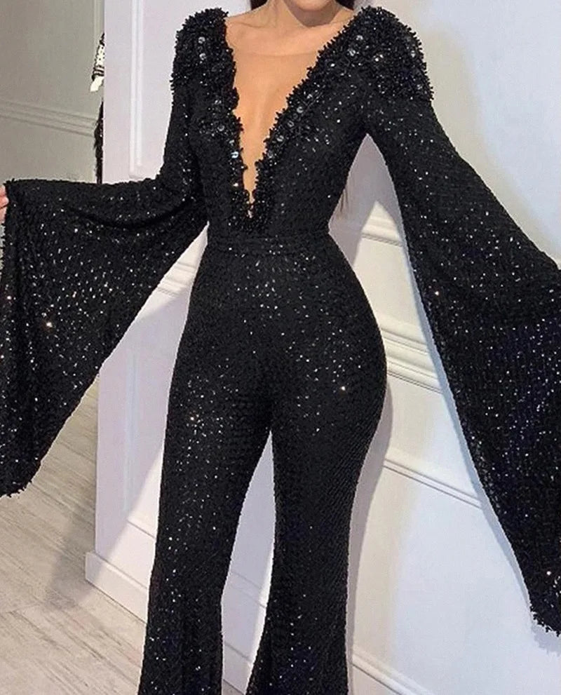 Black Glitter Sequin Deep V-Neck Long Batwing Sleeved Solid Straight  Jumpsuit