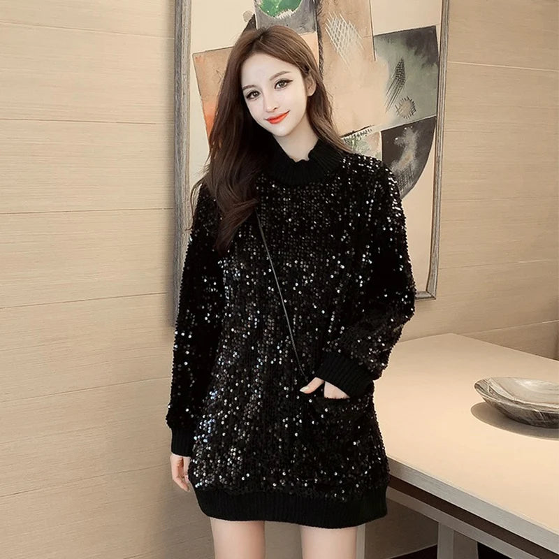 Sequined Knitted Pullover Women's Long Sleeve Sweater Dress