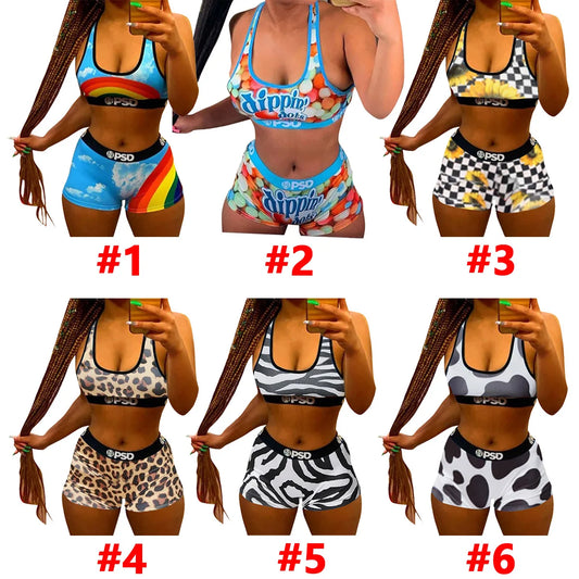 Skinny 3D Printed Sports Bra + High Waist Bikini Shorts 2-Piece Swimsuit Set