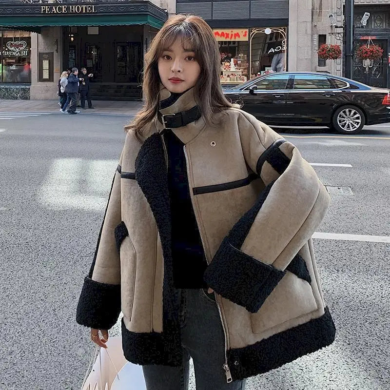 Patchwork Wool Vintage Women's Velvet Colorblock Short Coat