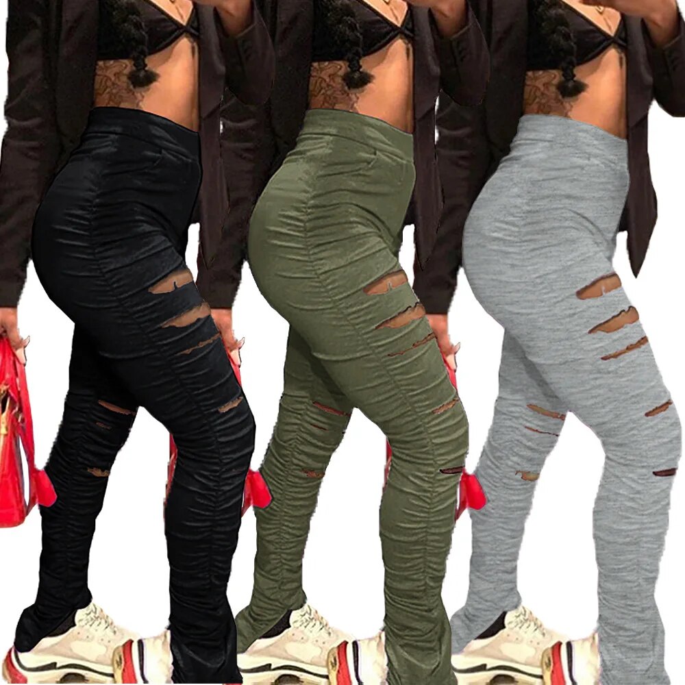 Distressed Pleated Trousers Stacked Ruched Cut-Out Ladies Flare Sweatpants