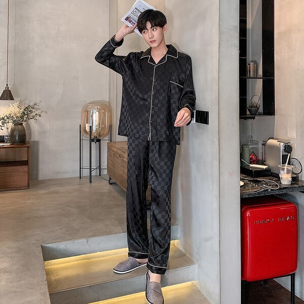 Men's Trousers Plaid High Quality Silky Pajamas Set