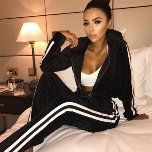 Velvet Ladies Side Striped Zipper Hooded Tracksuit