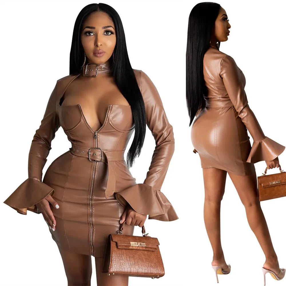 Brown Faux Leather Flare Long Sleeve Zipper Bodycon Club Dress w/ Belt