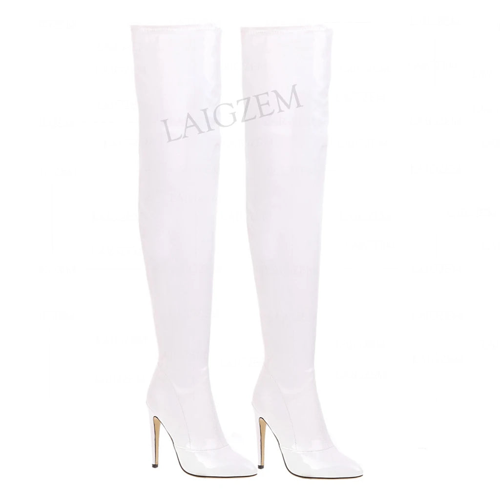 Shiny Patent Leather Solid Color Over-The-Knee Side Zipper Stiletto Heel Women's Thigh High Boots
