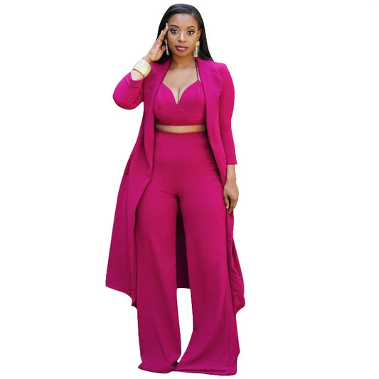 Maxi Blazer, Crop Halter Top + Wide Leg Pants 3-Piece Set