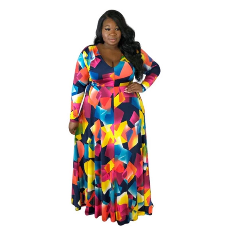 Geometric Multicolored Women's Long Sleeve V-Neck Maxi Dress to 5X