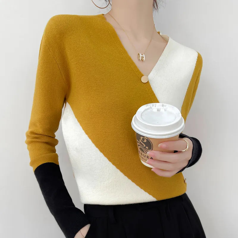 Cashmere Patchwork Colorblock Women's Pullover Knitted Sweater