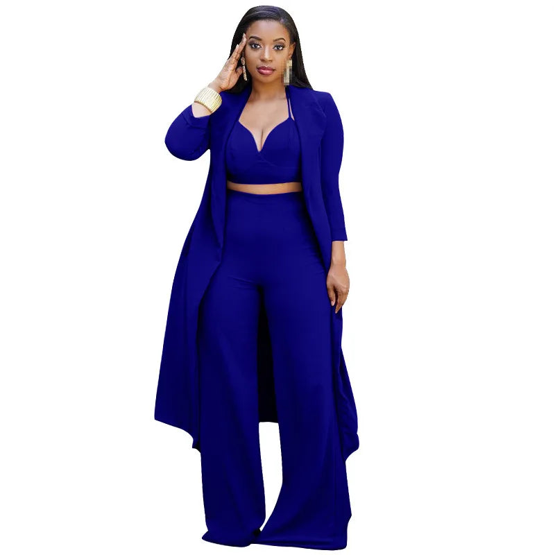 Maxi Blazer, Crop Halter Top + Wide Leg Pants 3-Piece Set