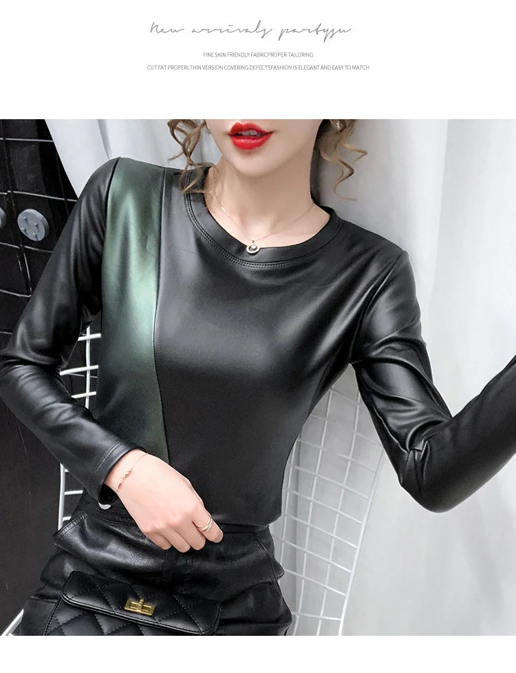 PU Leather O-Neck Colorblock/Solid Velvet Lined Long Sleeve Patchwork Elastic Women's Shirt to 4X Plus Size