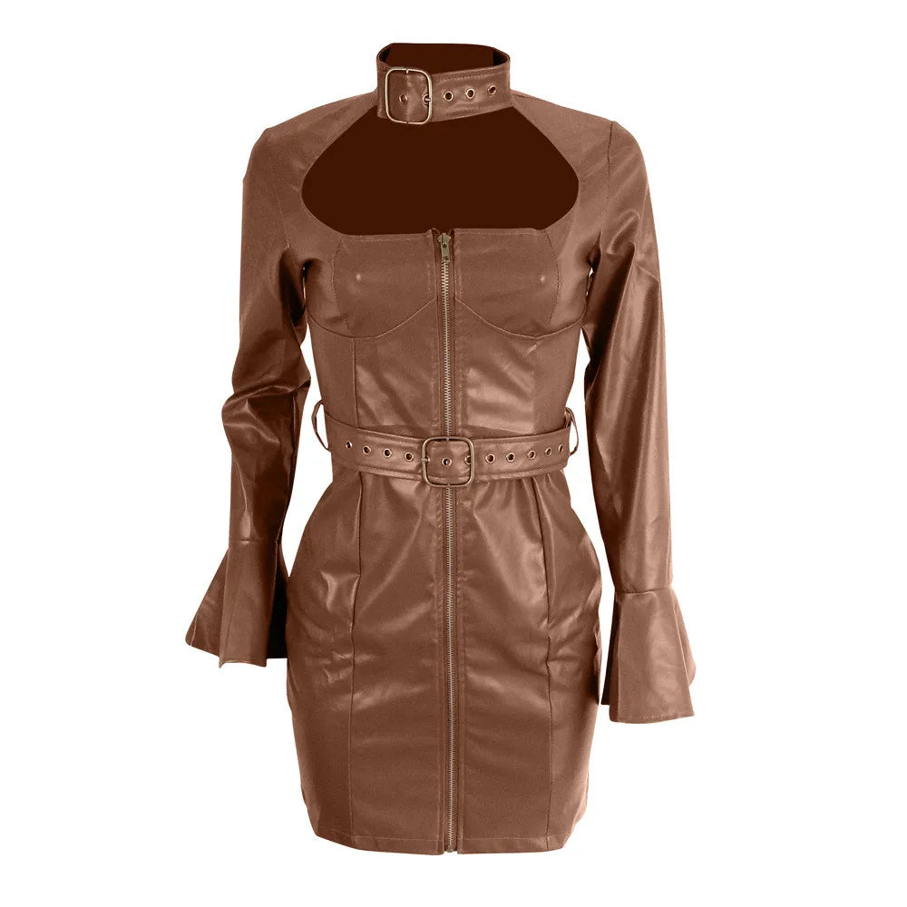 Brown Faux Leather Flare Long Sleeve Zipper Bodycon Club Dress w/ Belt