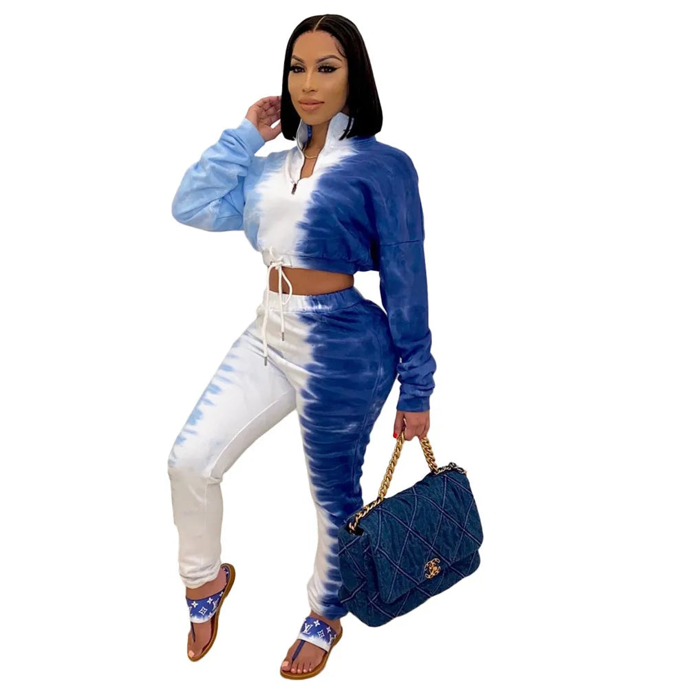 Tie-Dye Colorblock Women's Long Sleeve Zipper Pullover Crop Top + Sweatpants Tracksuit