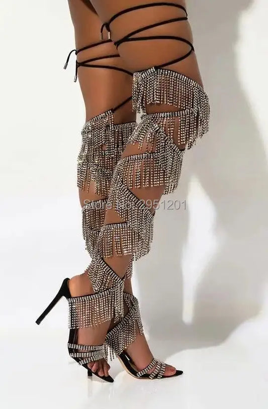 Metallic Crystal Diamond Fringe Tassel Embellished Over-the-Knee Sandal Pumps