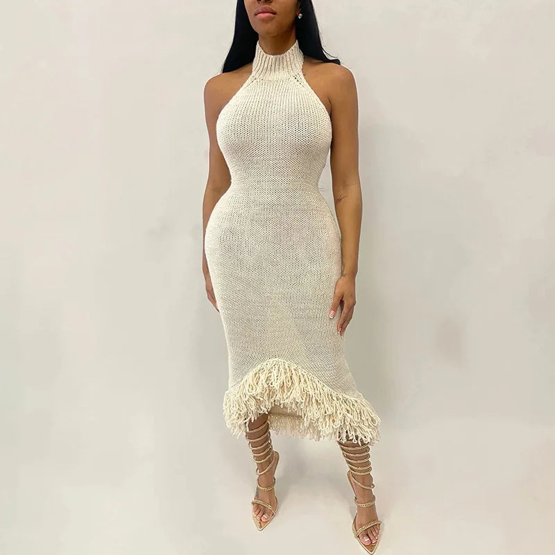 Irregular Knitted Furry Tassel Fringe Hem Sheer Transparent Backless Sleeveless Formal Midi Dress