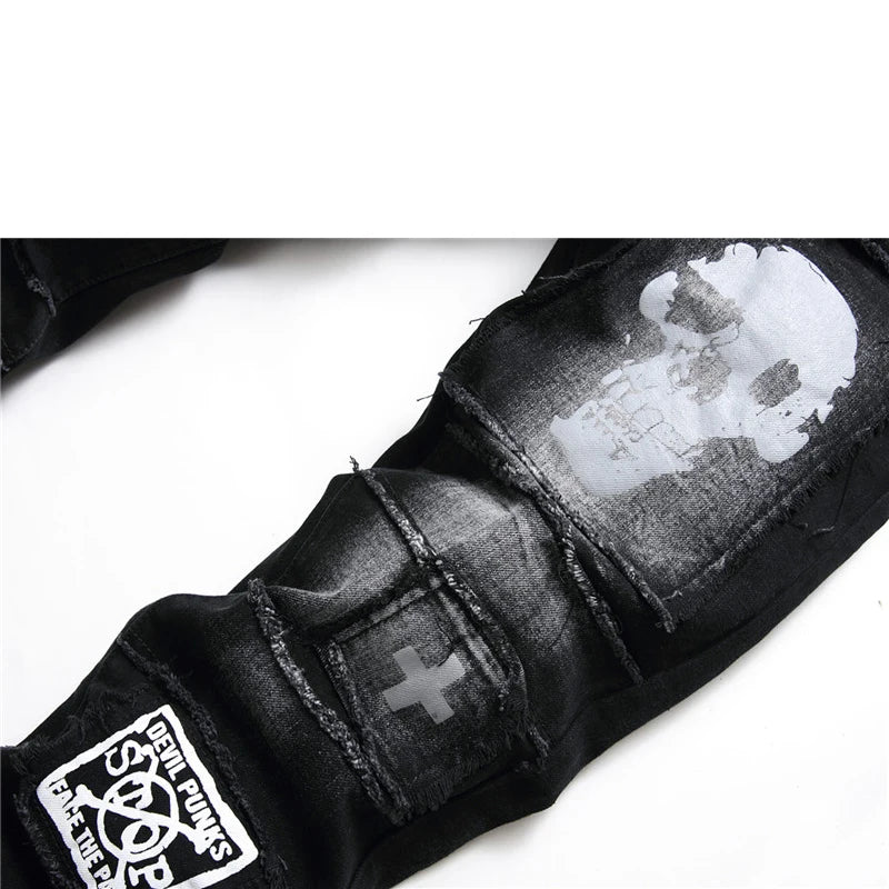 Men's Streetwear Skull Black Denim Biker Designer Ripped Skinny Jeans