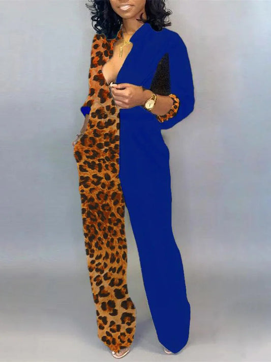 Plunge Leopard Colorblock/Solid Insert V-Neck Jumpsuit