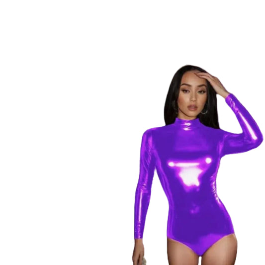 Neon Shiny Metallic Faux Leather Glitter Foil Design Long Sleeve OR Sleeveless Women's Bodysuit