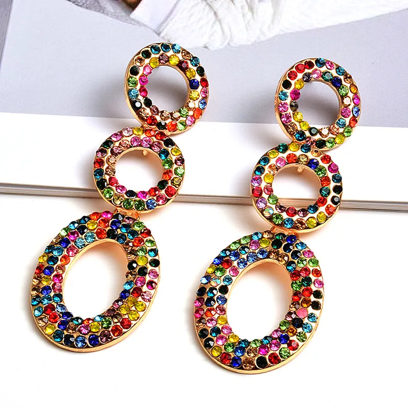 Round Metal Colorful Crystal Long Dangle Drop Earrings