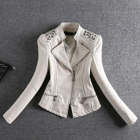 Rivet Design PU Leather Skinny Fit Women's Motorcycle Biker Jacket