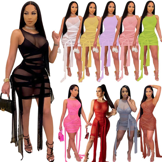 Sleeveless Bandage Criss-Cross Hollow-Out Design Transparent Mesh Mini Club Party/Prom Dress
