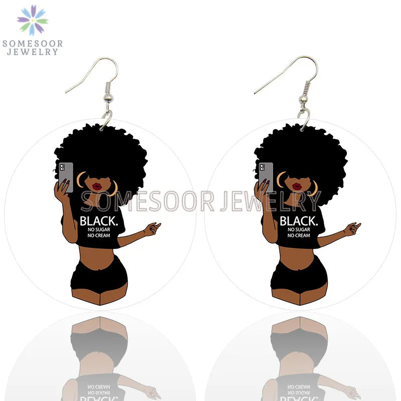 Black Curly No Sugar No Cream Wooden Drop Afro Girl Wood Loop Dangle Earrings