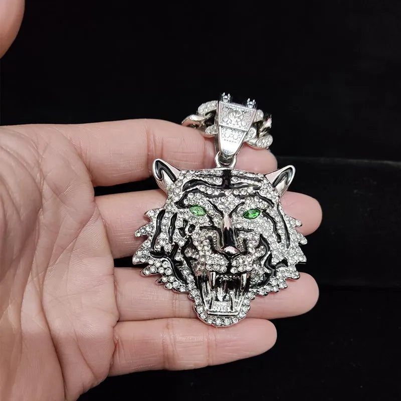 3D Tiger Pendant Crystal Cuban Chain Hip-Hop Iced Out Bling Chain Necklace
