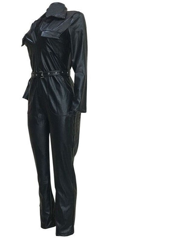 Black Faux Leather Deep V-Neck Skinny Zipper Front Jumpsuit