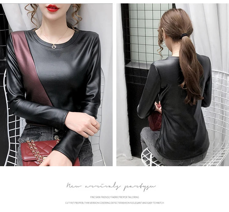 PU Leather O-Neck Colorblock/Solid Velvet Lined Long Sleeve Patchwork Elastic Women's Shirt to 4X Plus Size