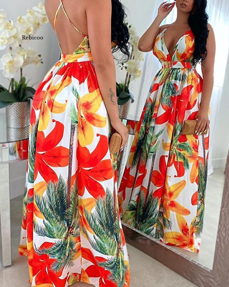 Tropical Floral Print V-Neck Split Long Spaghetti Strap Chiffon Maxi Dress