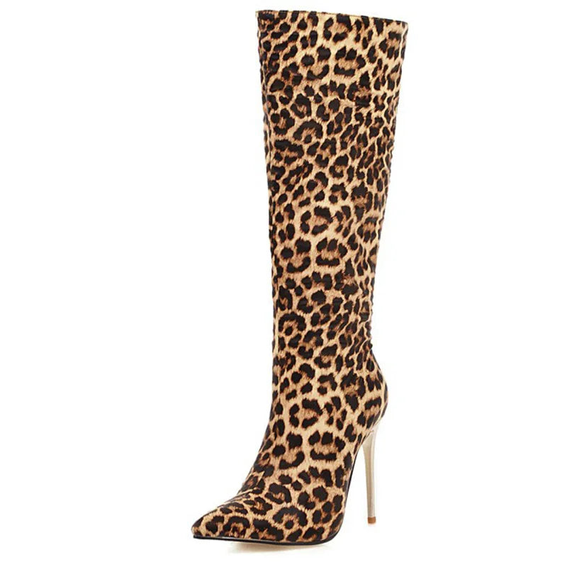 Leather Snake/Leopard/Croc Print Gold Metal Stiletto Heel Knee-High Western Cowgirl Boots