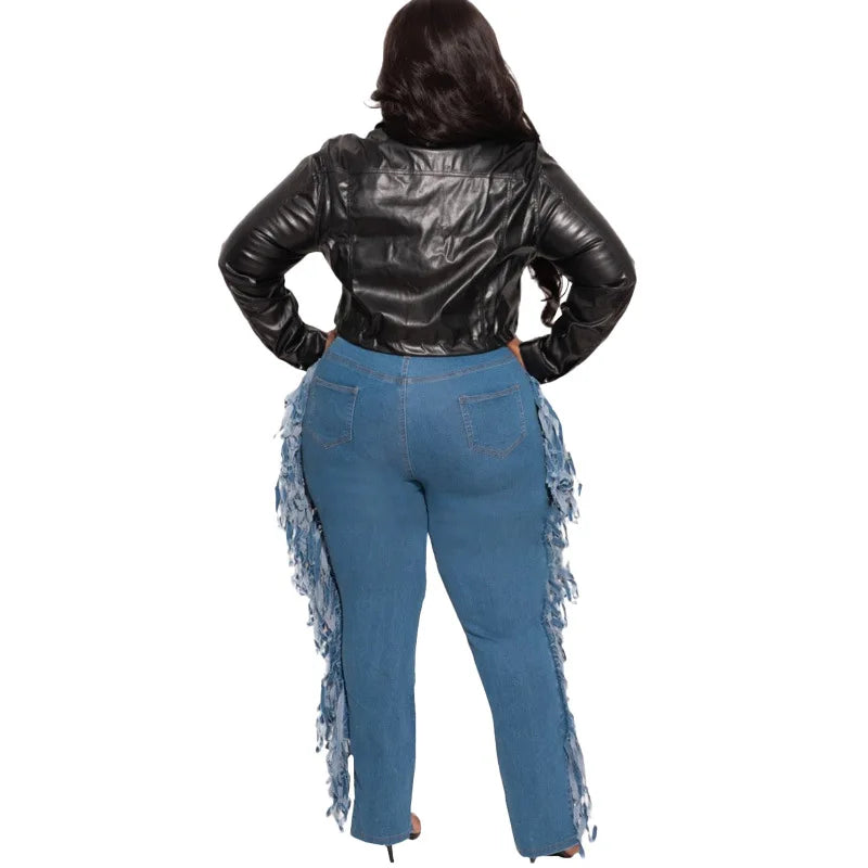 Hole Ripped Hollow-Out Side Tassel Design Women's Streetwear Jeans to 5X Plus Size